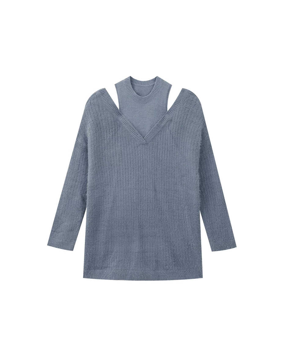 Faux 2 Piece Cold Shoulder V Neck Fluffy Knit Sweater