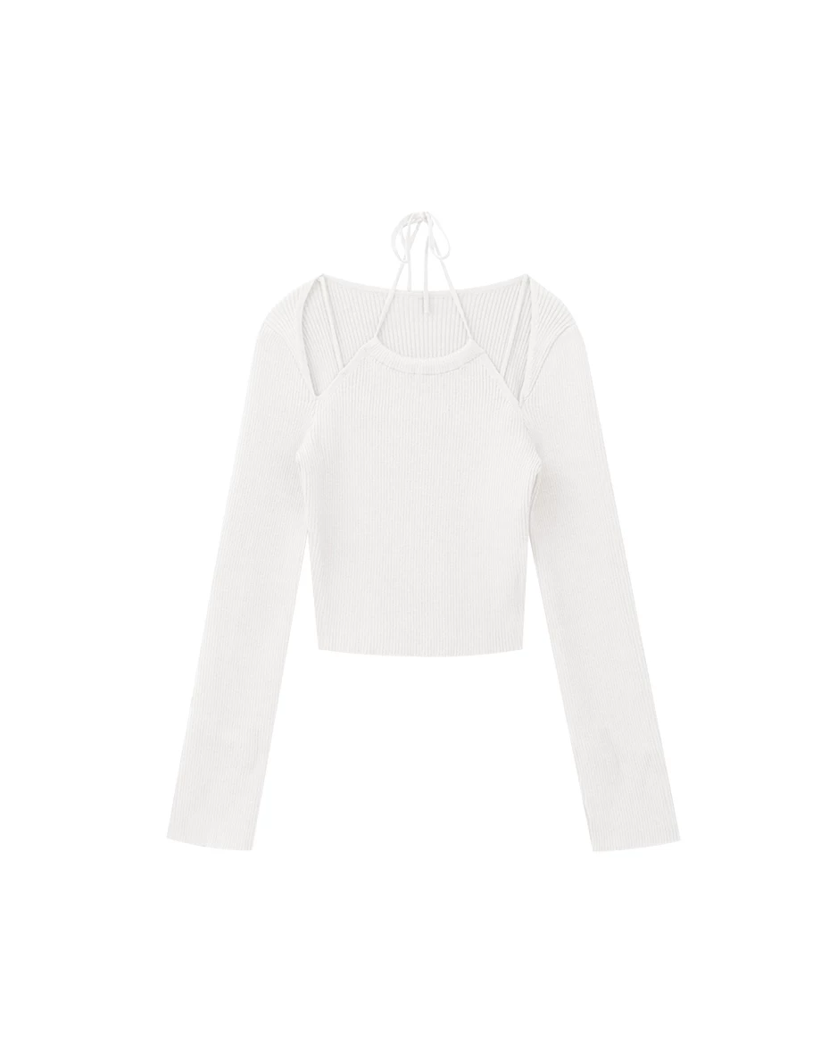 Cut Out Shoulder Halter Tie Ribbed Knit Top