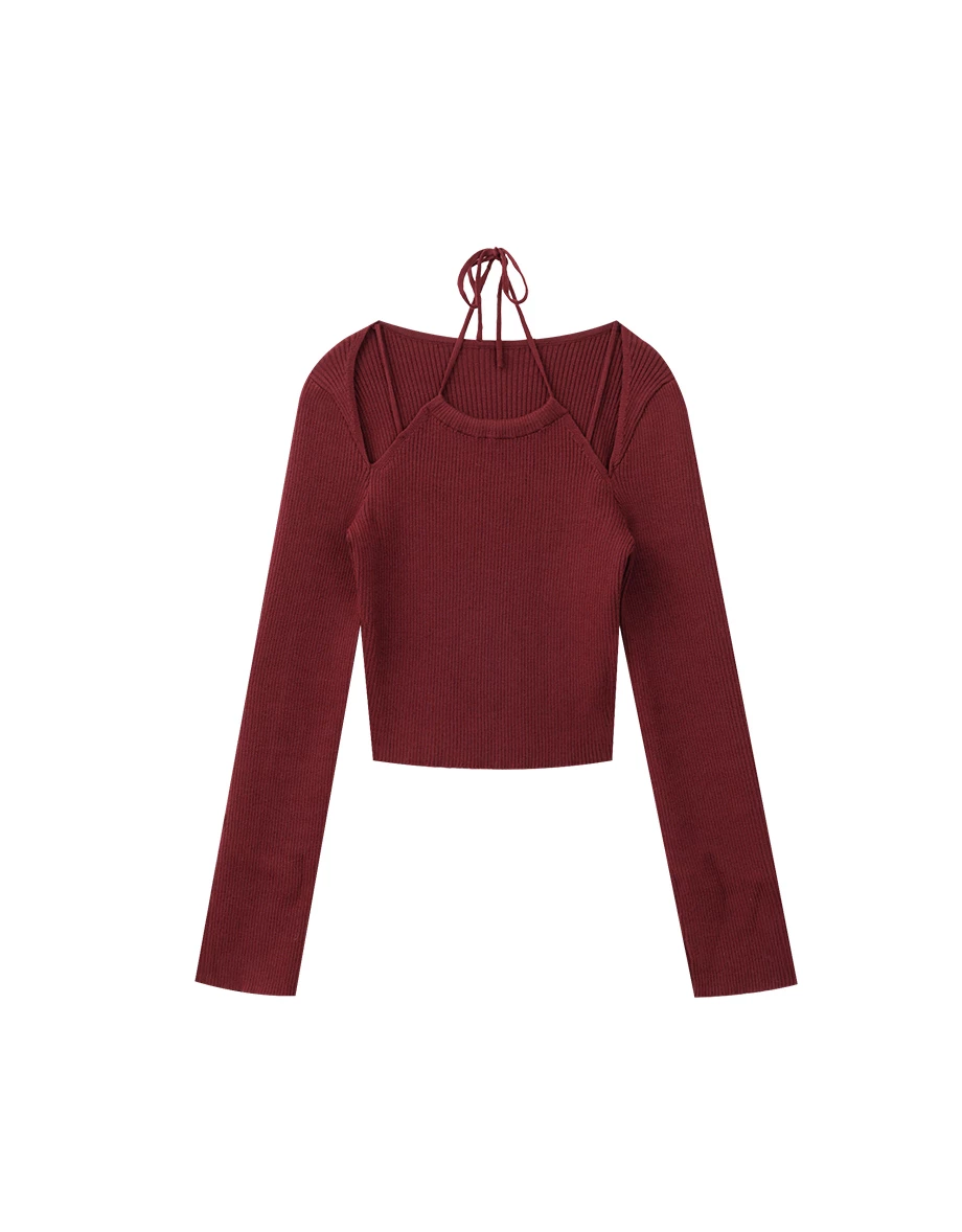 Cut Out Shoulder Halter Tie Ribbed Knit Top