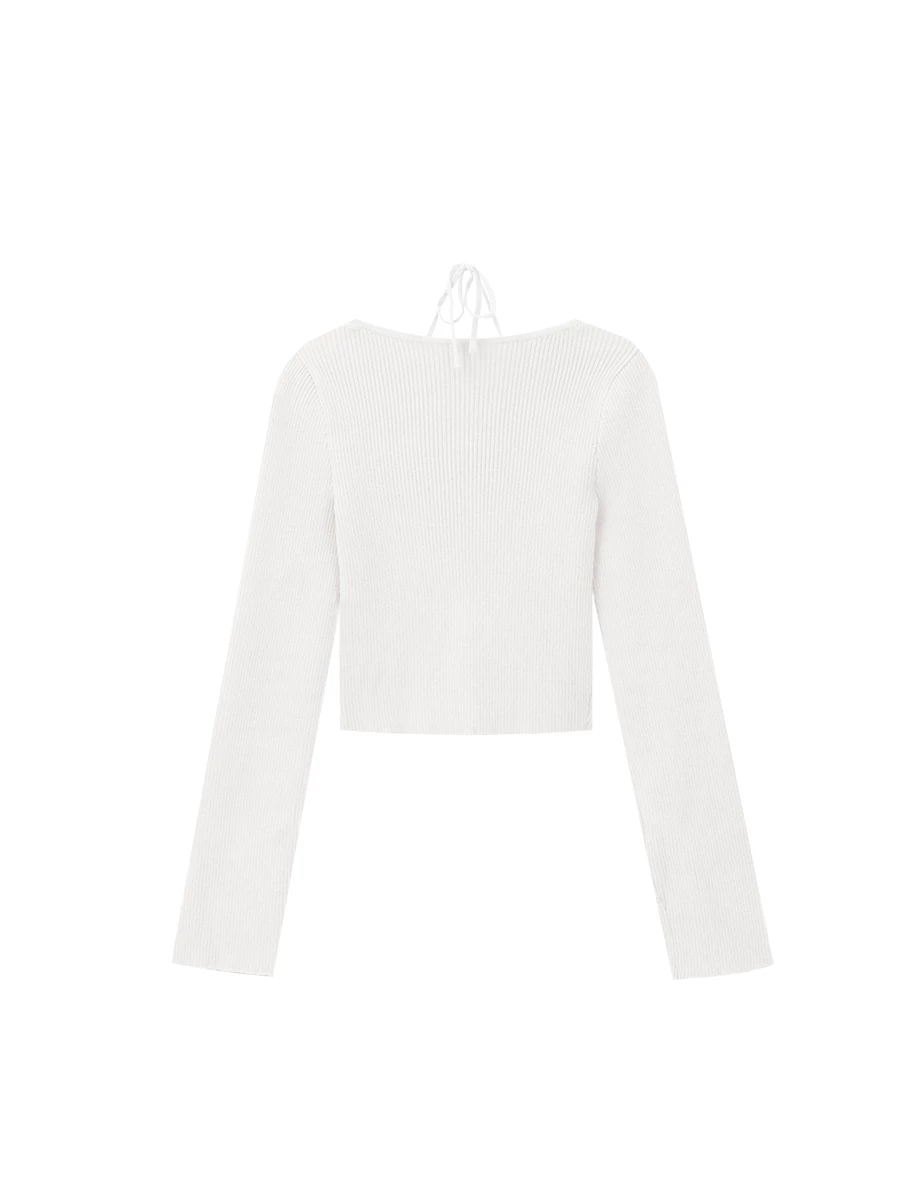 Cut Out Shoulder Halter Tie Ribbed Knit Top