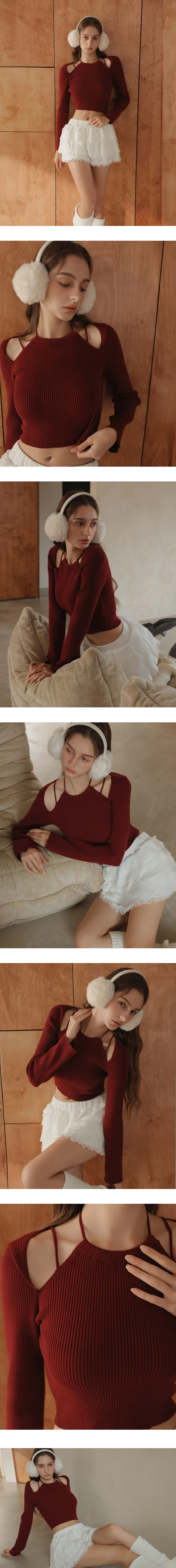 Cut Out Shoulder Halter Tie Ribbed Knit Top