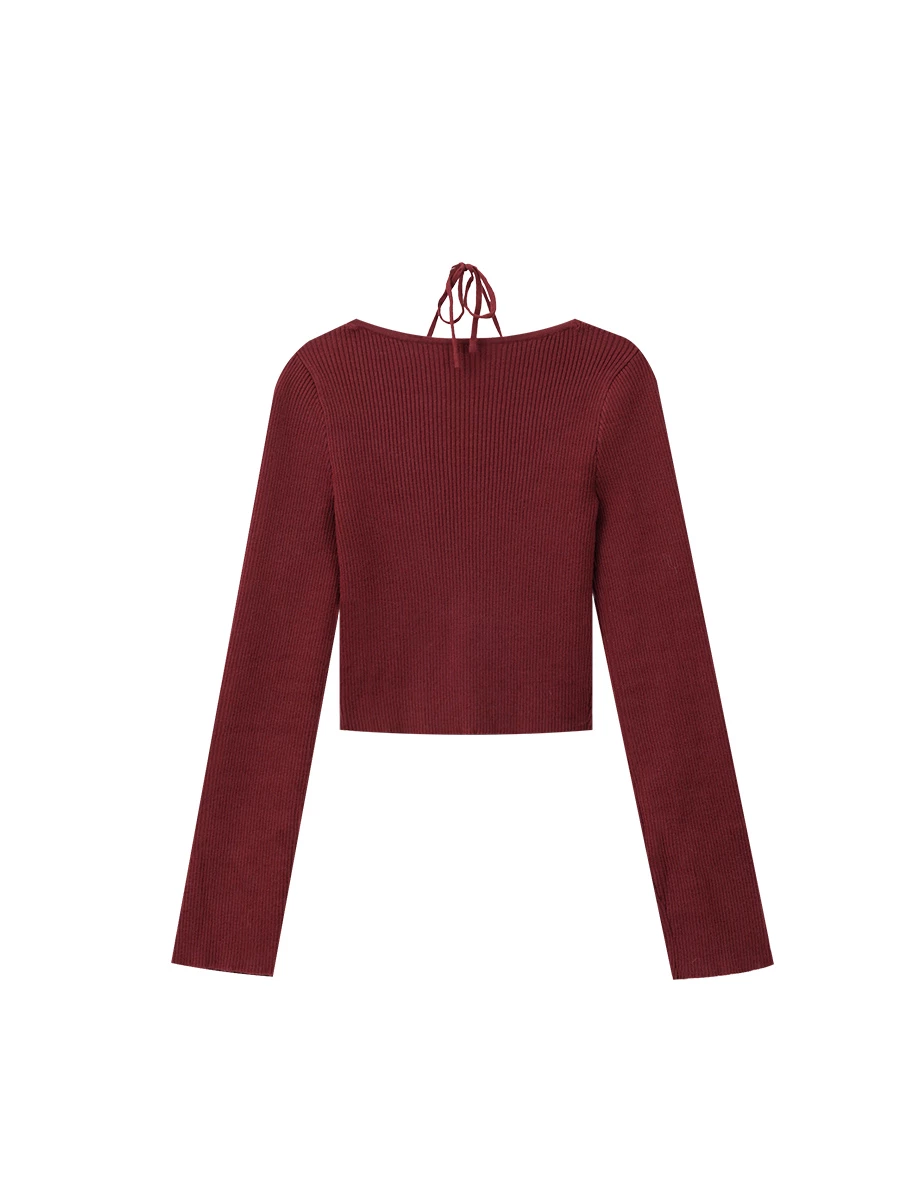 Cut Out Shoulder Halter Tie Ribbed Knit Top