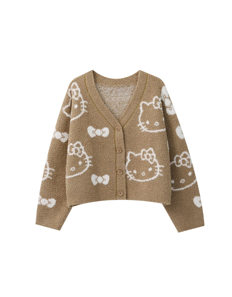 【Hello Kitty Collaboration】Hello Kitty All-Over Print Fluffy Knit Cardigan
