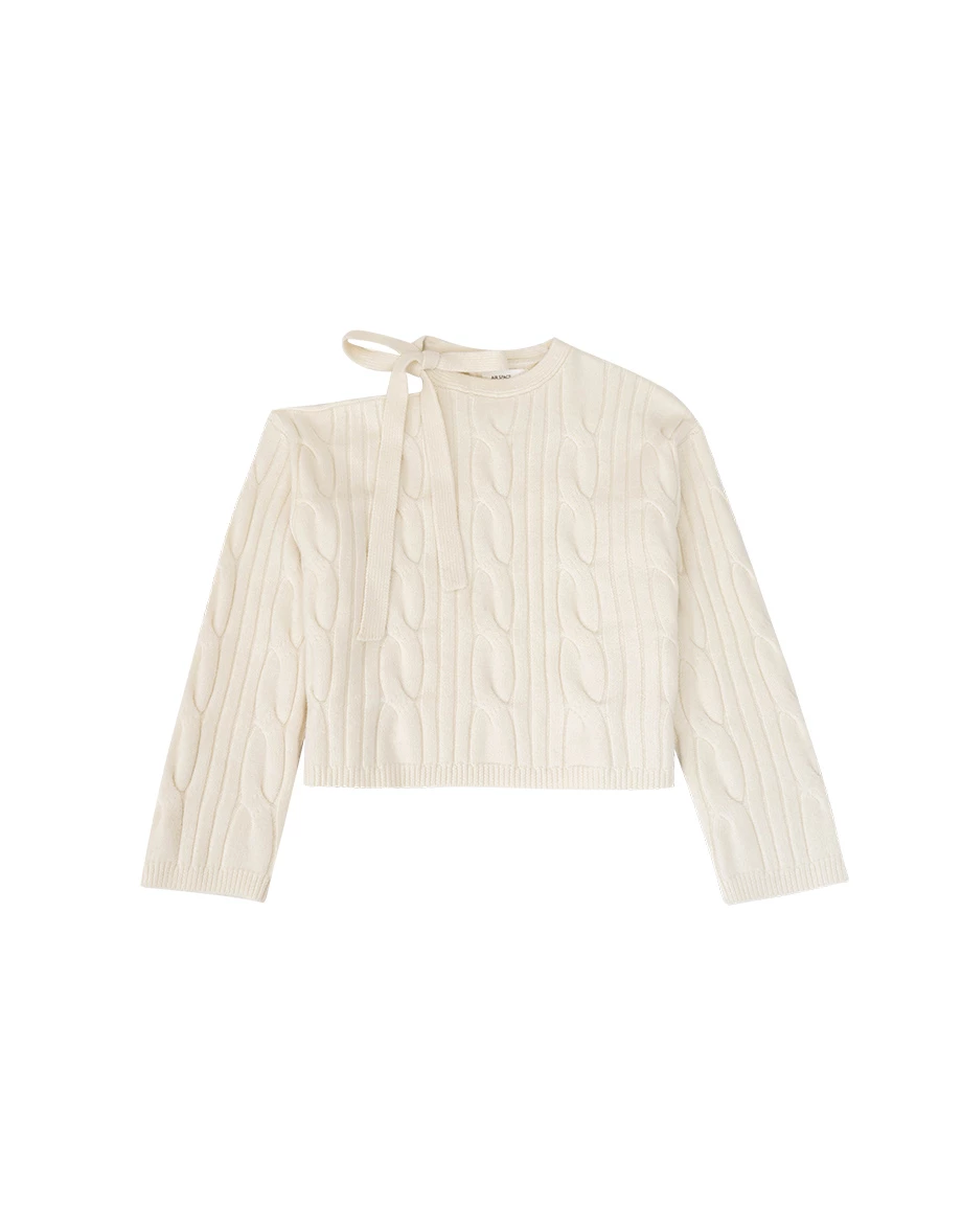 Asymmetric Strap Cable Knit Off Shoulder Long Sleeve Crop Sweater