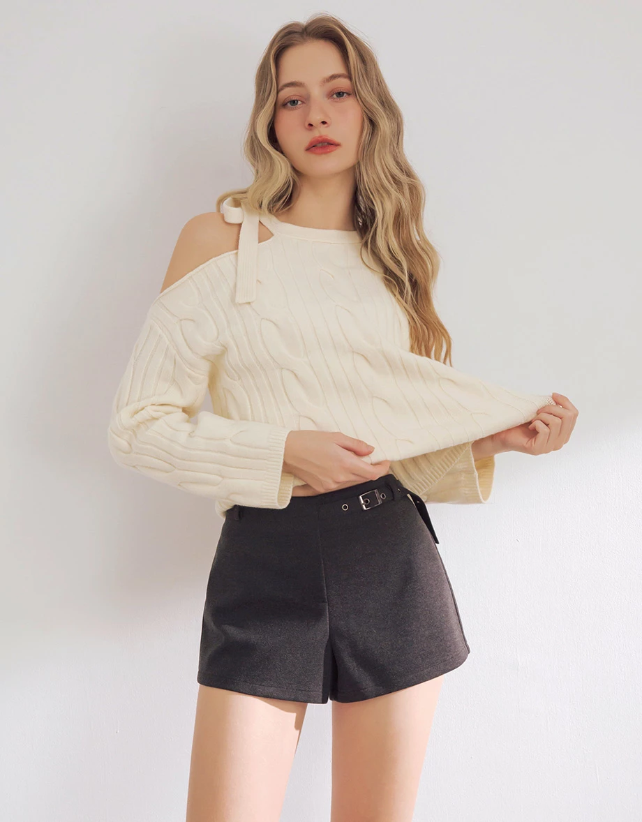 Asymmetric Strap Cable Knit Off Shoulder Long Sleeve Crop Sweater
