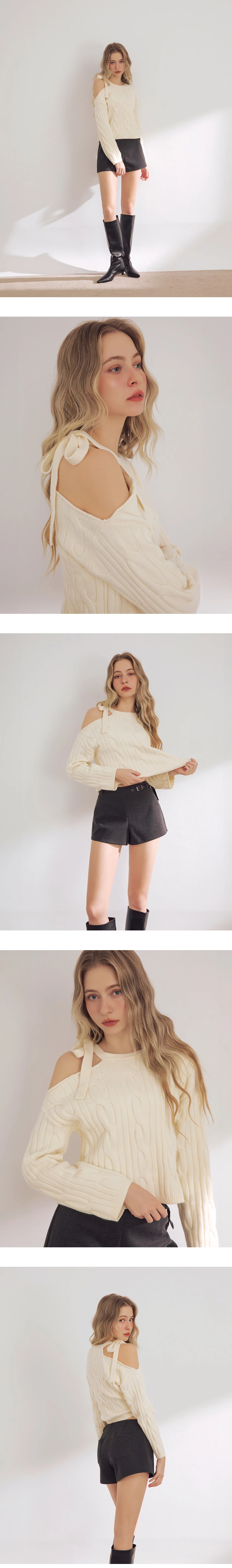 Asymmetric Strap Cable Knit Off Shoulder Long Sleeve Crop Sweater