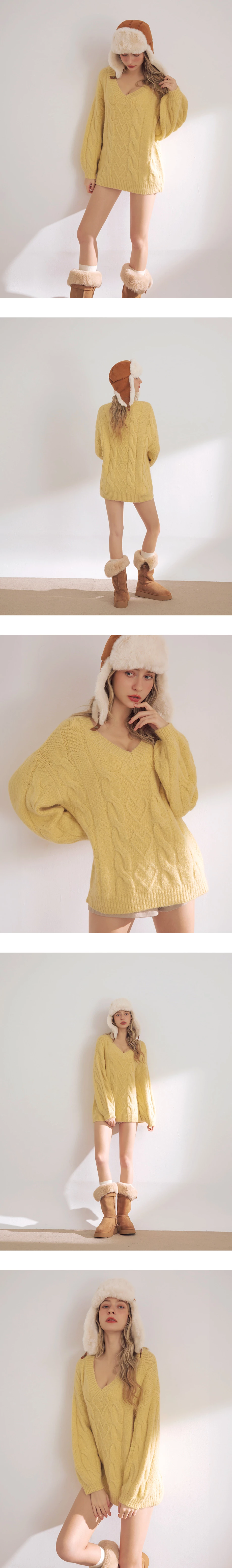 Soft Cable Knit Heart Detail V Neck Long Sleeve Sweater
