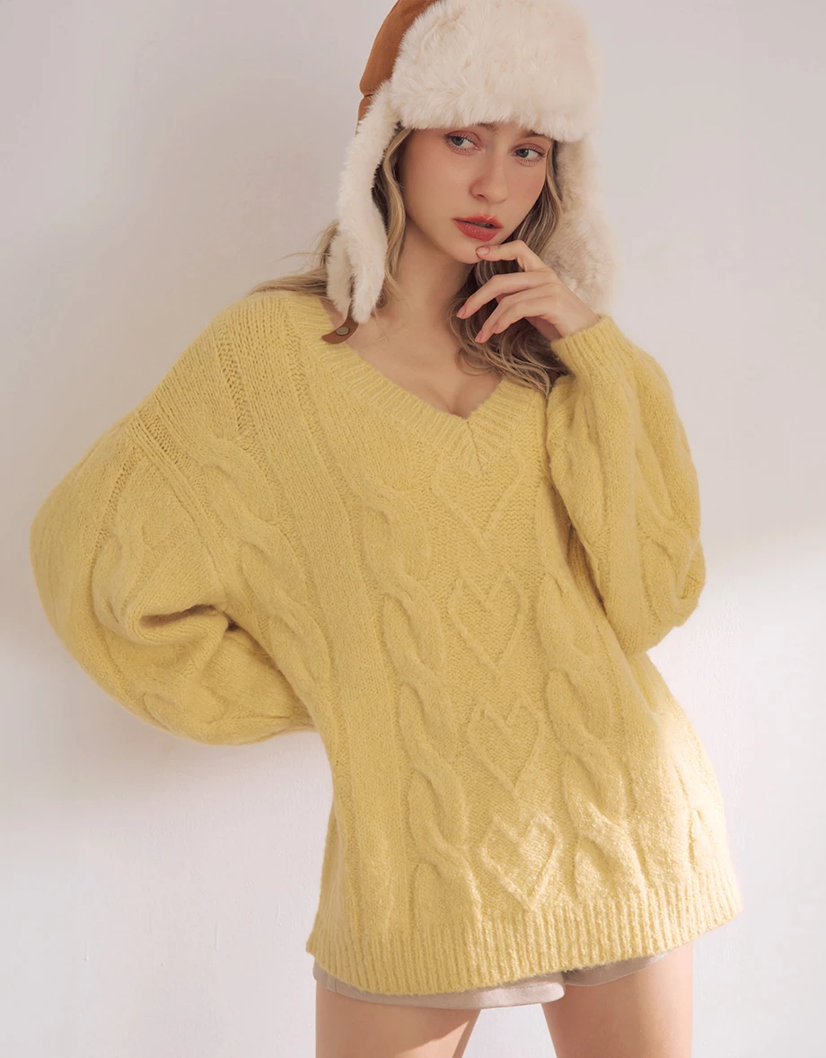 Soft Cable Knit Heart Detail V Neck Long Sleeve Sweater