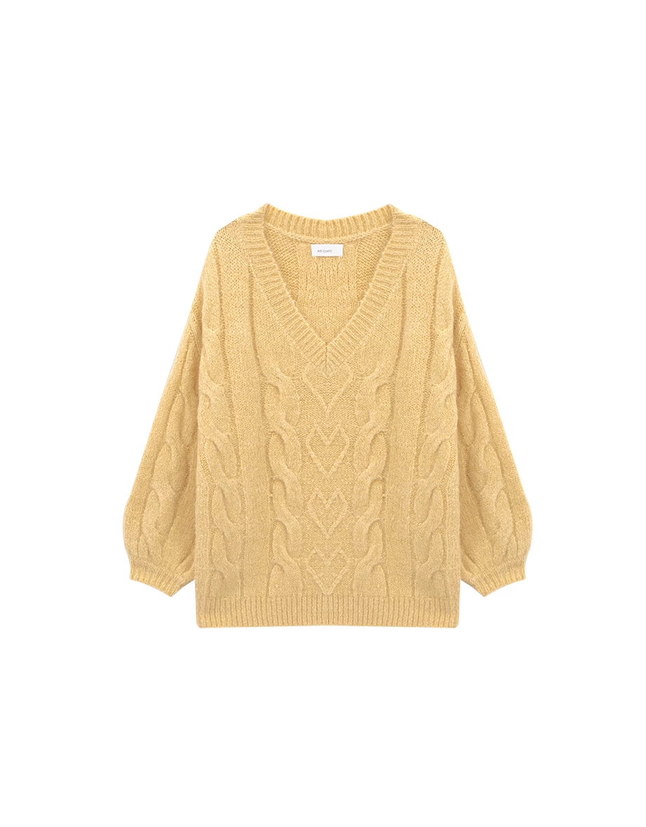 Soft Cable Knit Heart Detail V Neck Long Sleeve Sweater