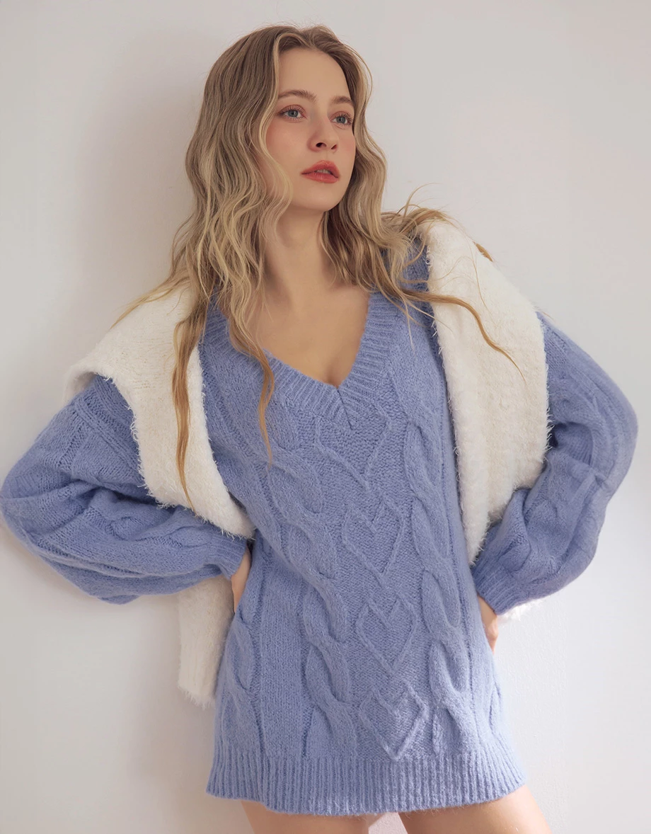 Soft Cable Knit Heart Detail V Neck Long Sleeve Sweater