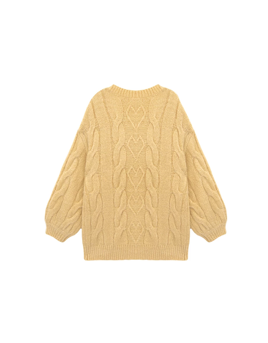 Soft Cable Knit Heart Detail V Neck Long Sleeve Sweater