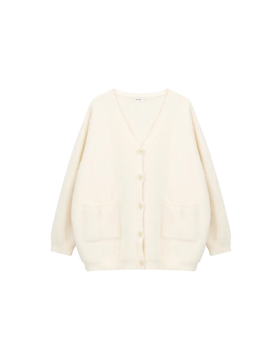 Fuzzy Knit Oversized V Neck Button Cardigan with Front Pockets
