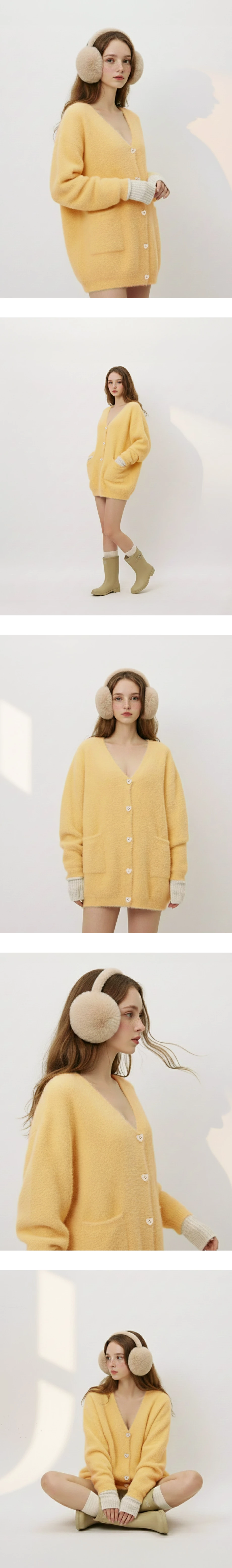 Fuzzy Knit Oversized V Neck Button Cardigan with Front Pockets
