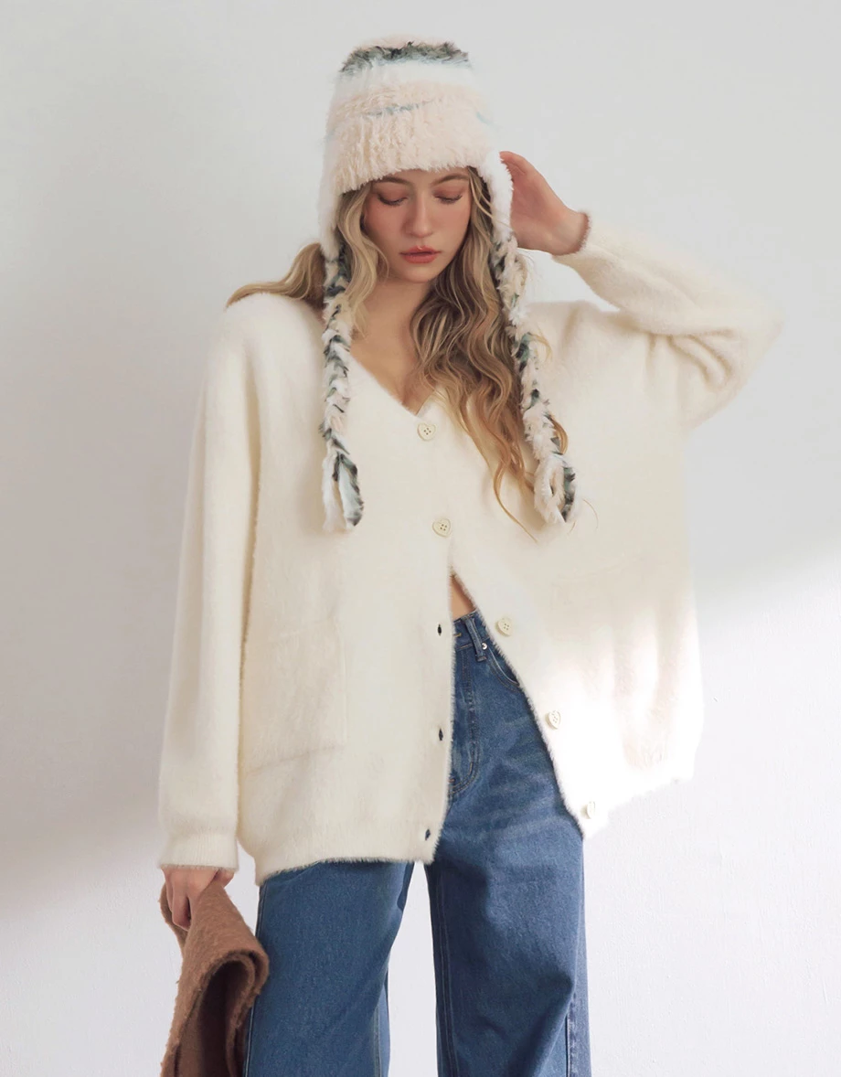 Fuzzy Knit Oversized V Neck Button Cardigan with Front Pockets