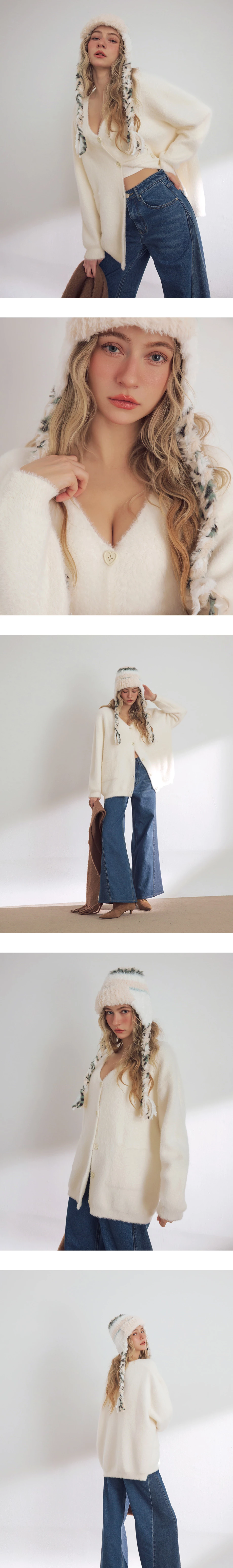 Fuzzy Knit Oversized V Neck Button Cardigan with Front Pockets
