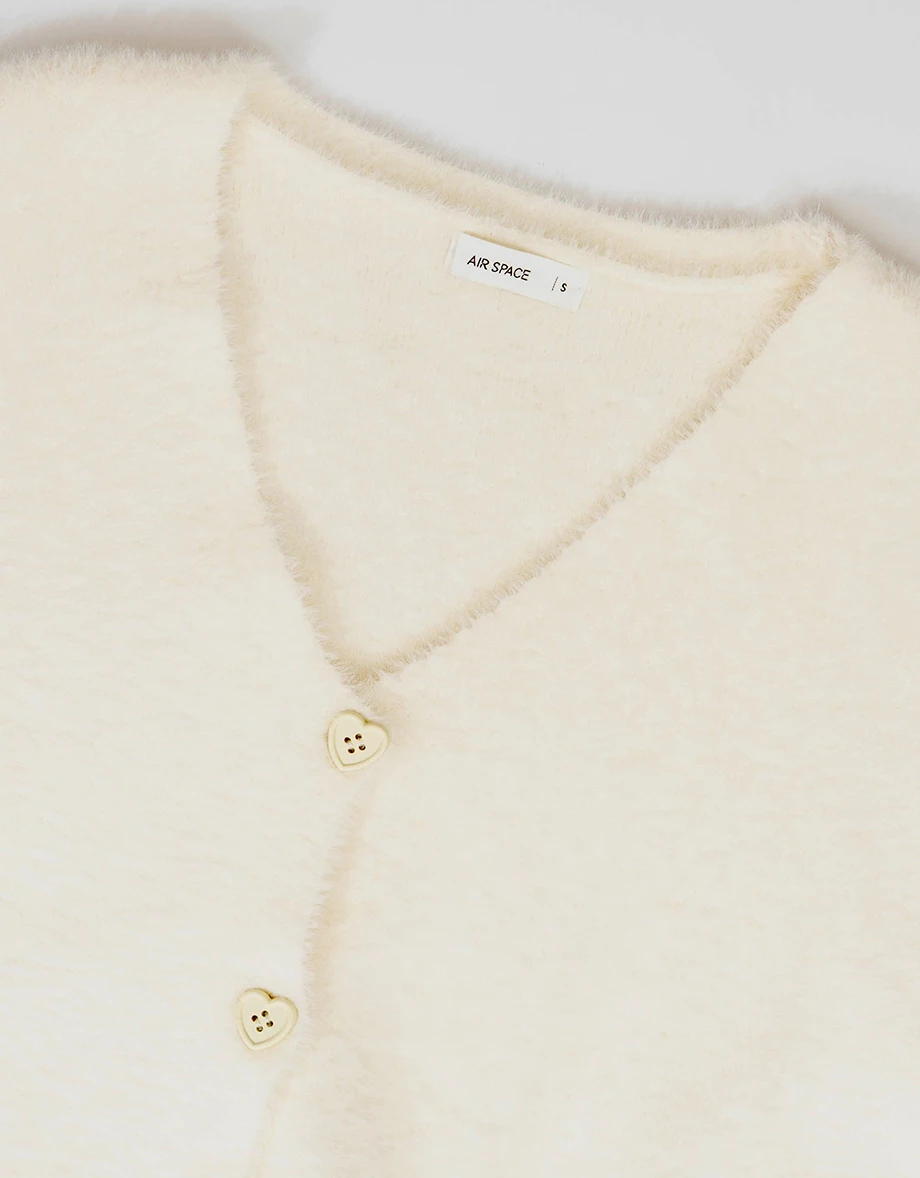 Fuzzy Knit Oversized V Neck Button Cardigan with Front Pockets