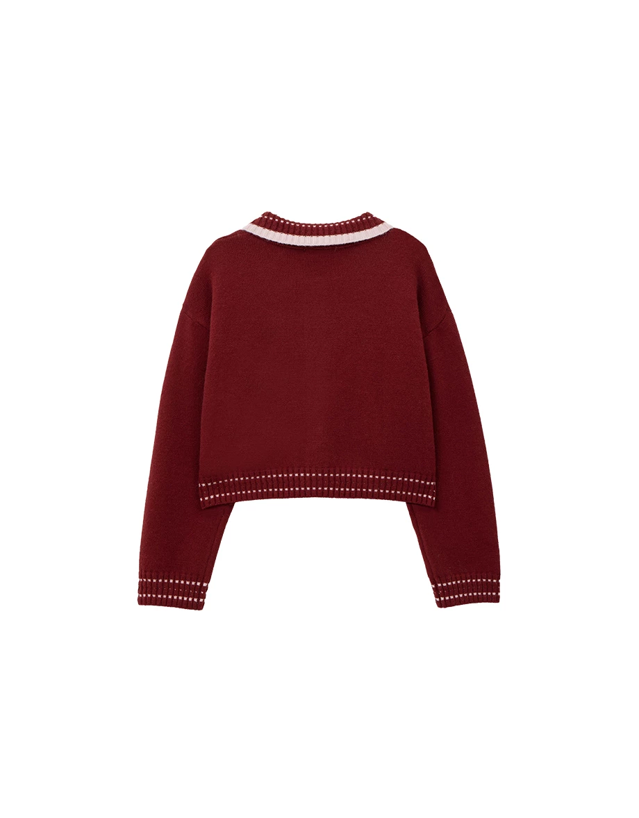 Heart Button Collared Knit Cardigan with Contrast Stitch Detail