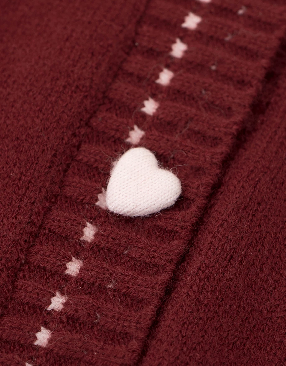 Heart Button Collared Knit Cardigan with Contrast Stitch Detail
