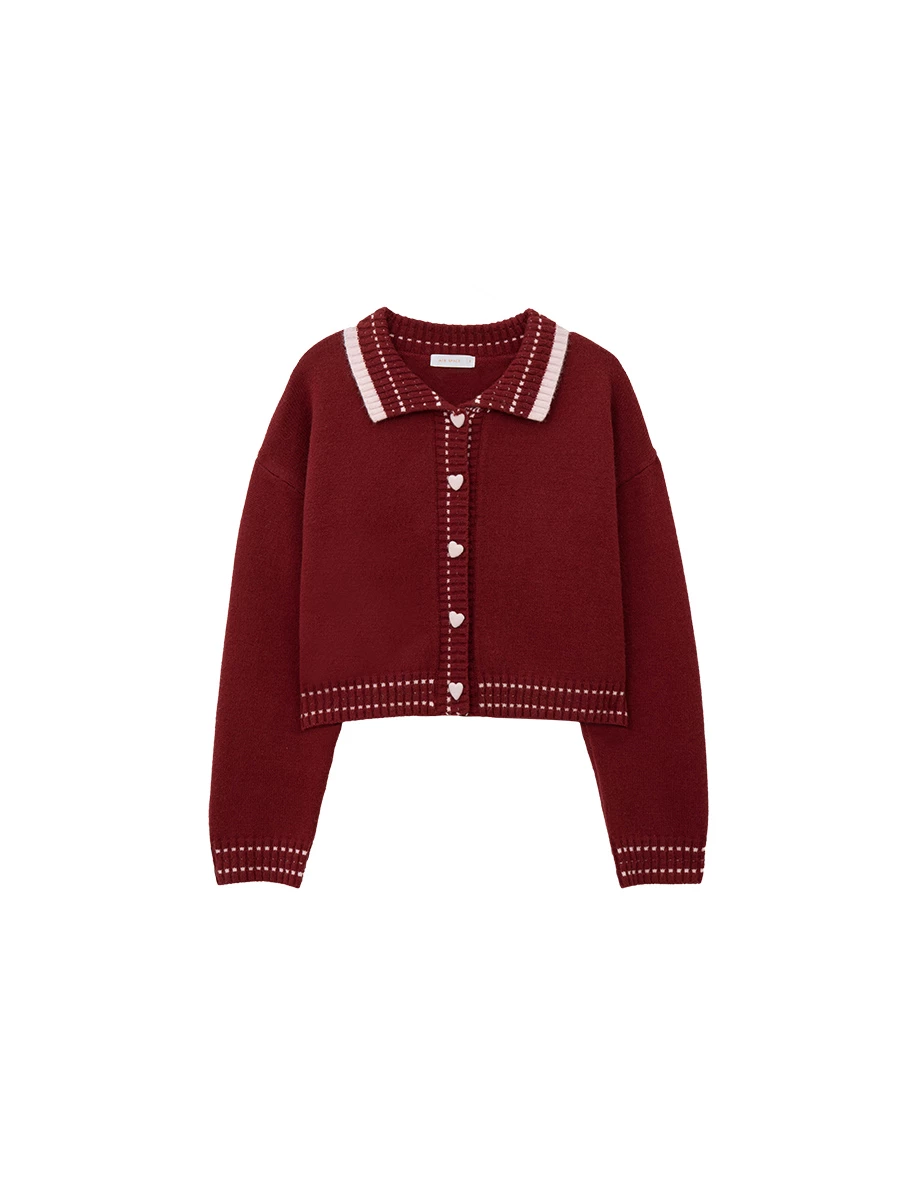 Heart Button Collared Knit Cardigan with Contrast Stitch Detail