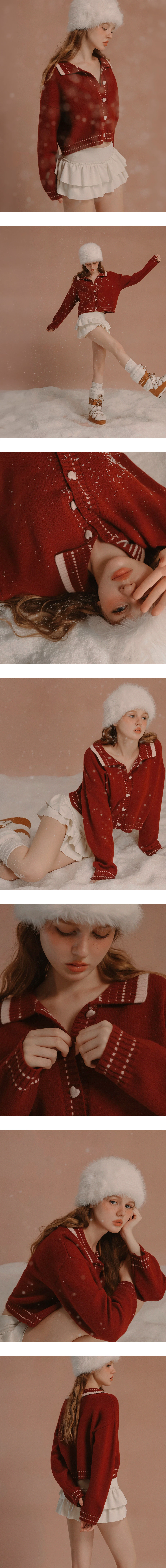 Heart Button Collared Knit Cardigan with Contrast Stitch Detail