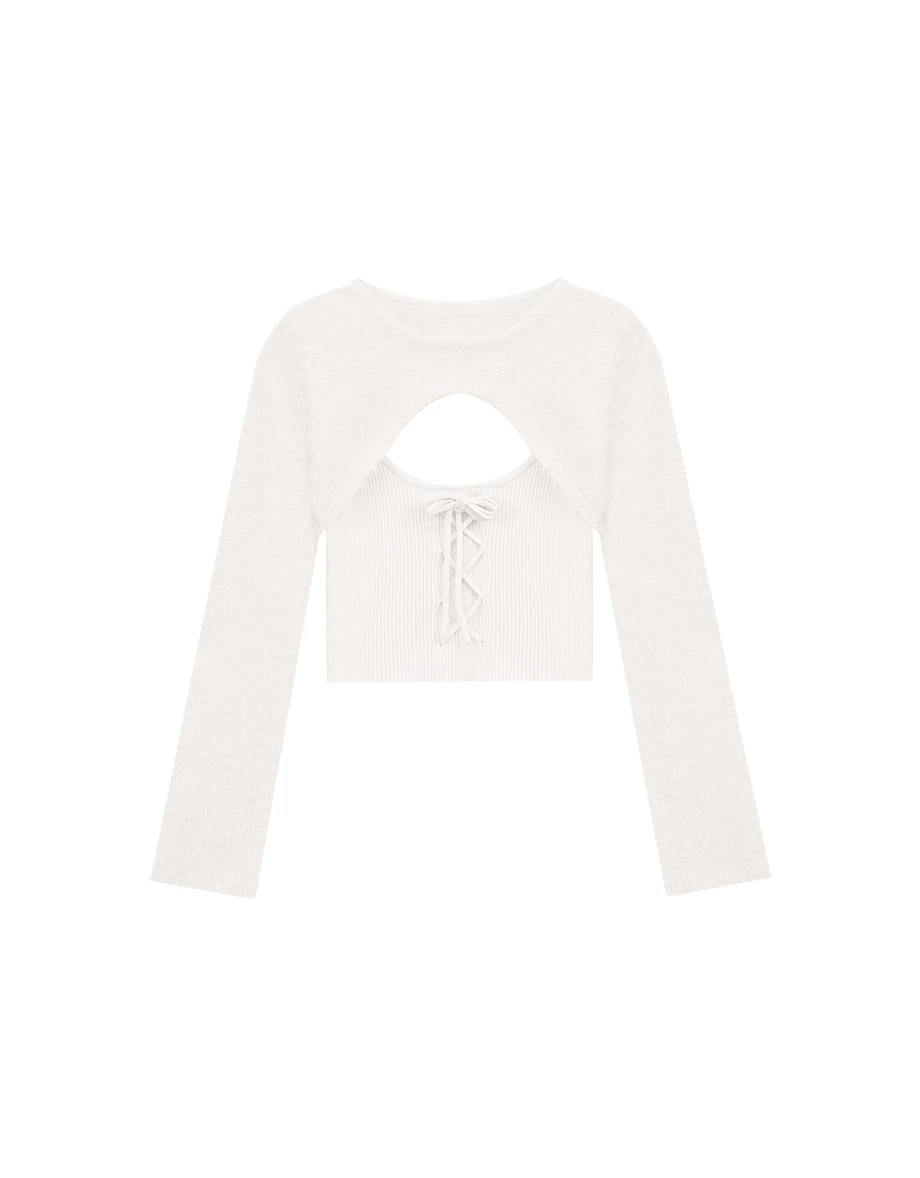 Faux 2 Piece Fuzzy Knit Cut Out Front Lace Up Cropped Top