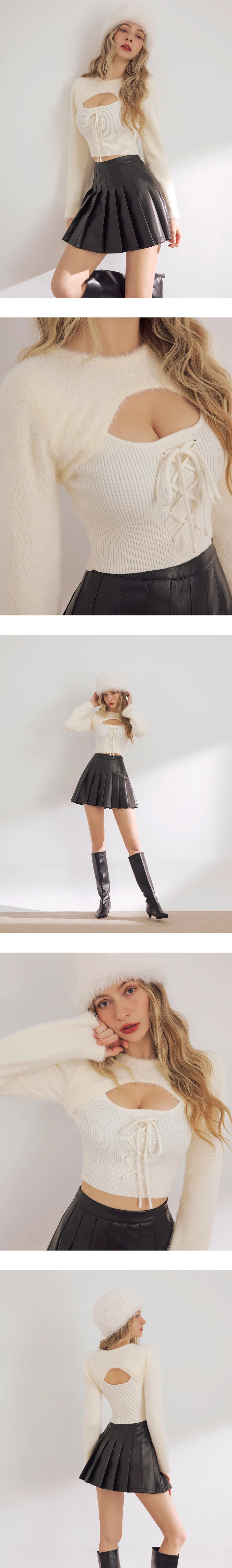 Faux 2 Piece Fuzzy Knit Cut Out Front Lace Up Cropped Top