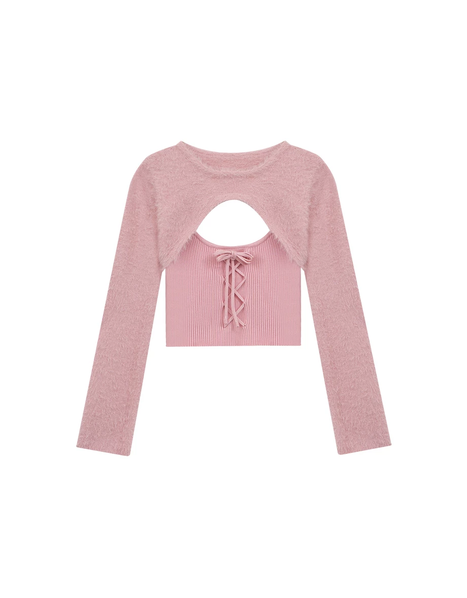 Faux 2 Piece Fuzzy Knit Cut Out Front Lace Up Cropped Top