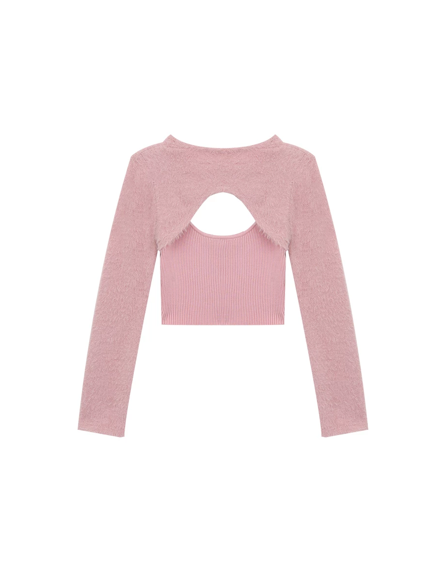 Faux 2 Piece Fuzzy Knit Cut Out Front Lace Up Cropped Top