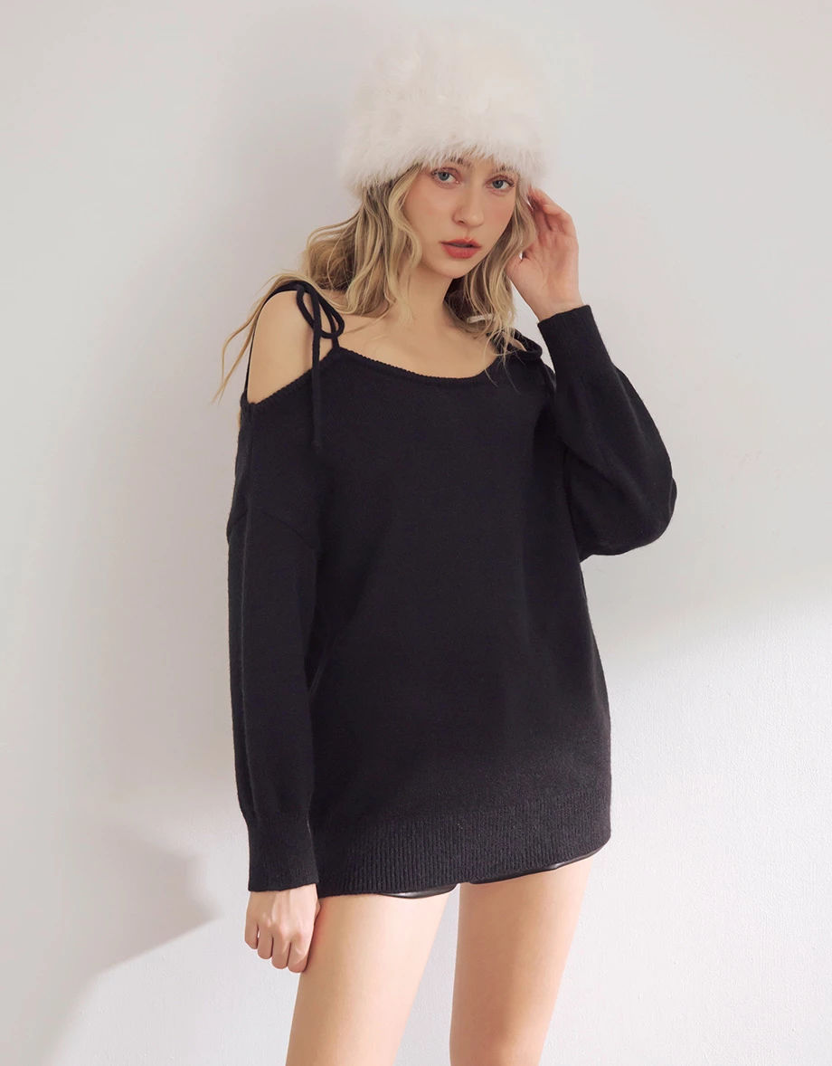 Fuzzy Knit Tie Strap Off Shoulder Longline Sweater