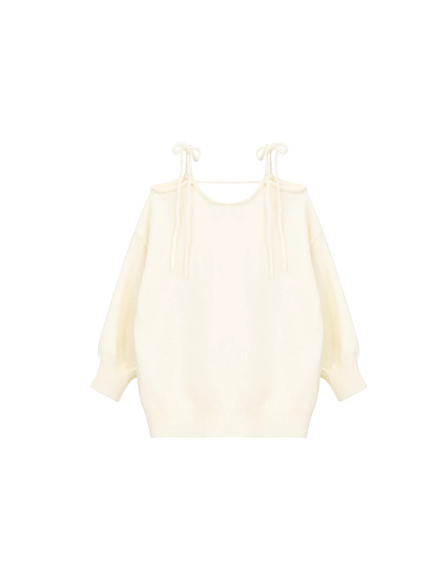 Fuzzy Knit Tie Strap Off Shoulder Longline Sweater