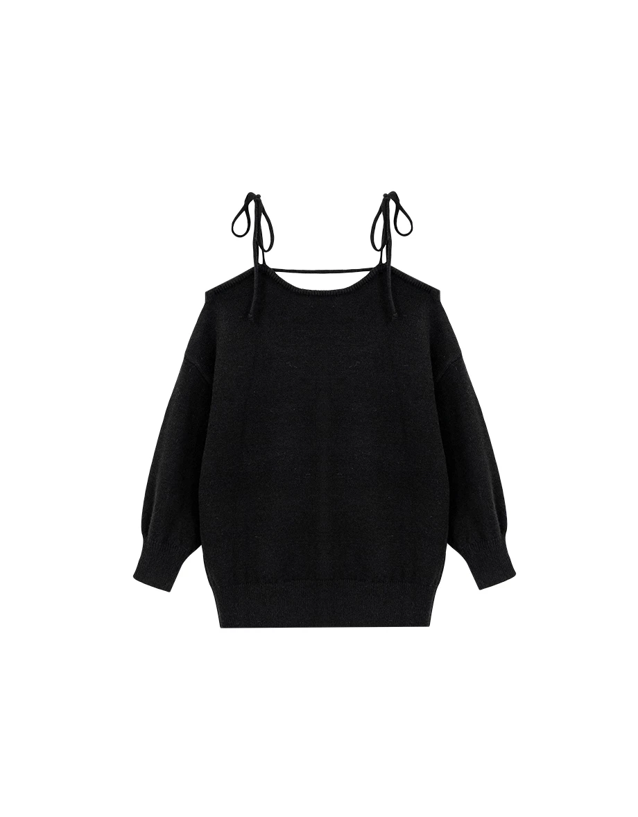 Fuzzy Knit Tie Strap Off Shoulder Longline Sweater