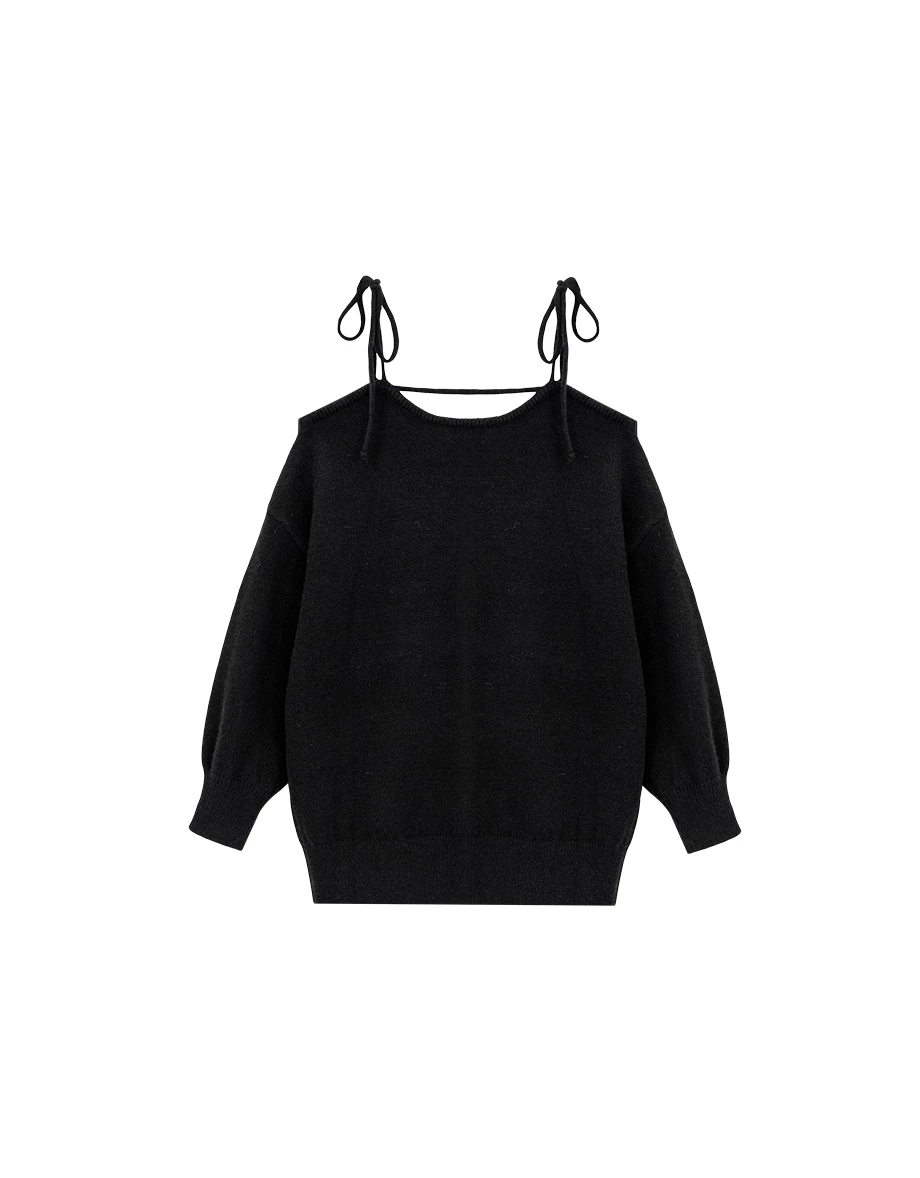 Fuzzy Knit Tie Strap Off Shoulder Longline Sweater