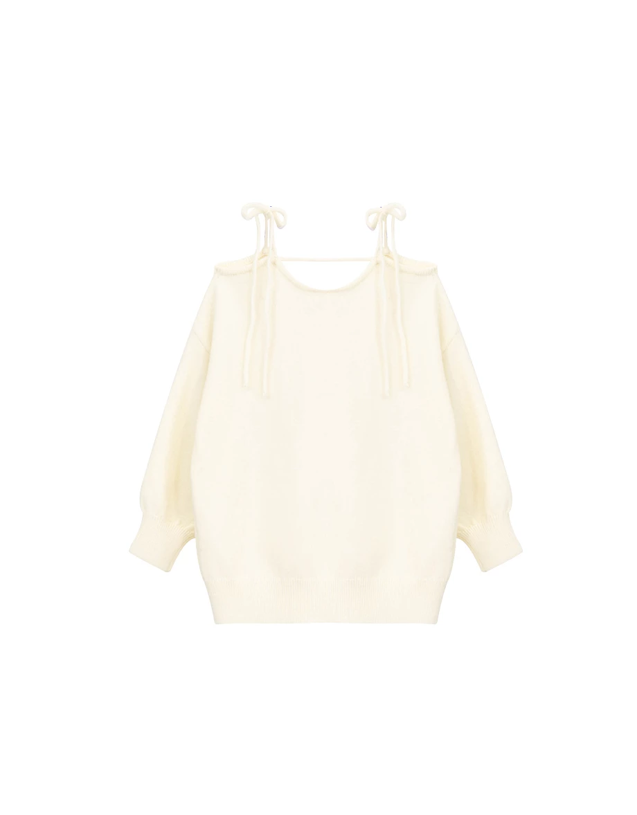 Fuzzy Knit Tie Strap Off Shoulder Longline Sweater