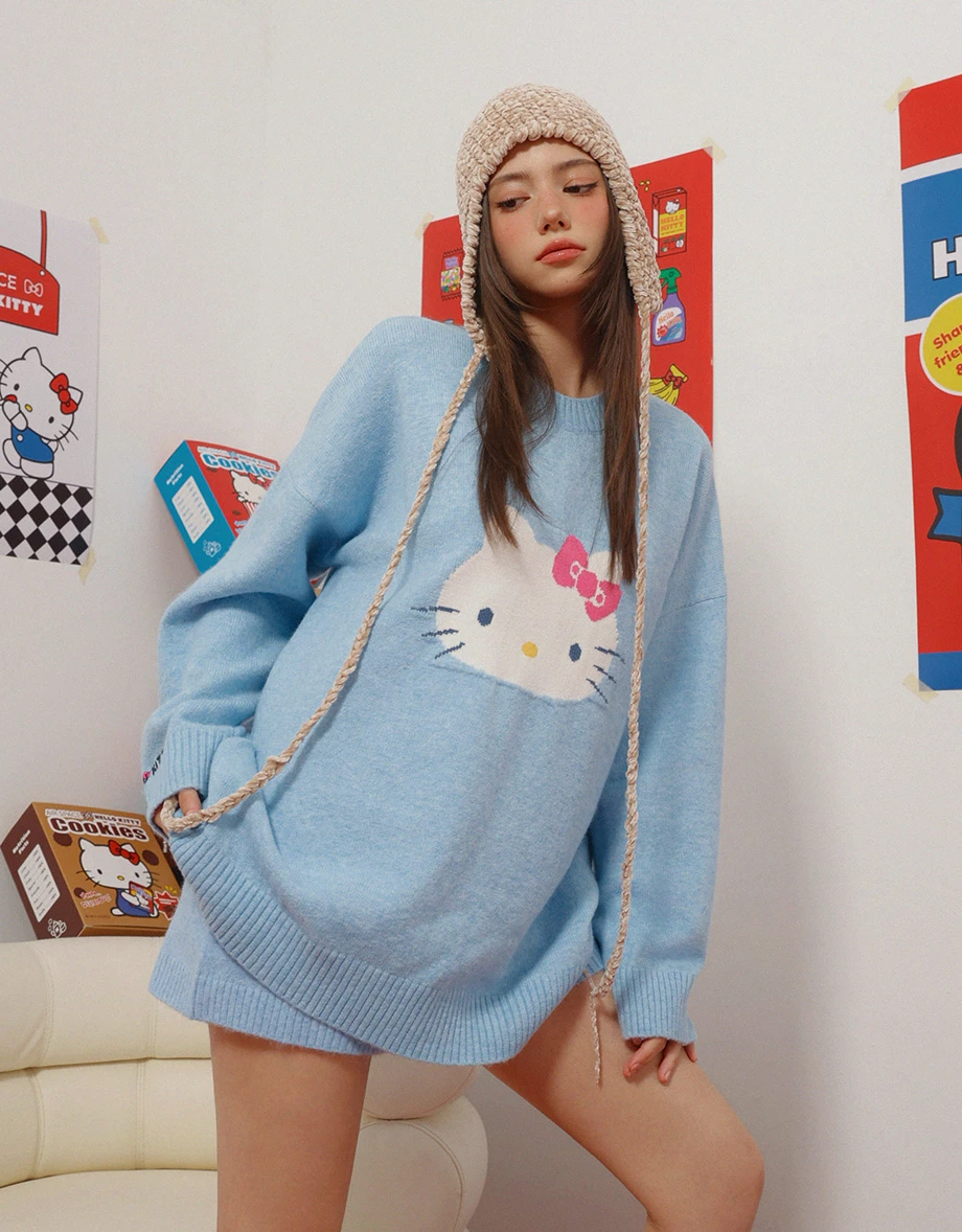 【Hello Kitty Collaboration】Relaxed Fit Knit Sweater with Kitty Motif