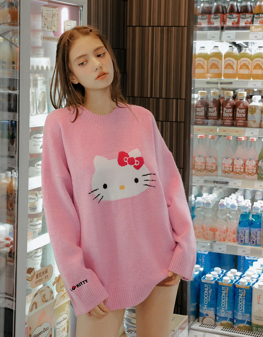 【Hello Kitty Collaboration】Relaxed Fit Knit Sweater with Kitty Motif
