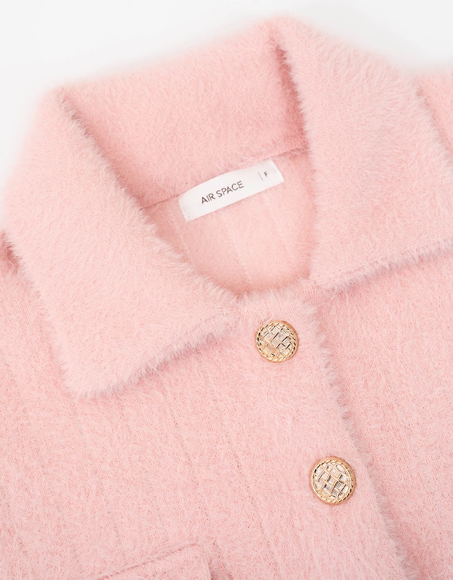 Soft Fuzzy Gold Button Cropped Knit Jacket with Pocket Detail