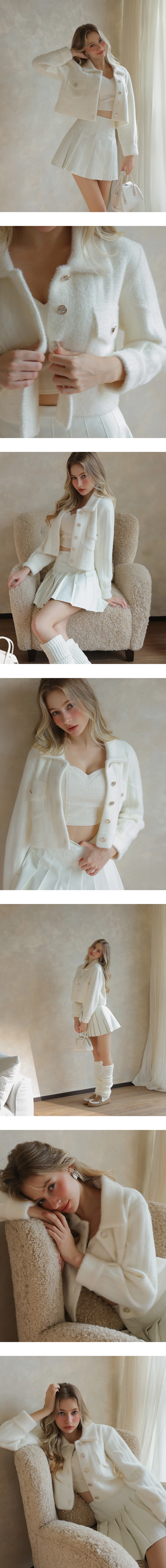 Soft Fuzzy Gold Button Cropped Knit Jacket with Pocket Detail