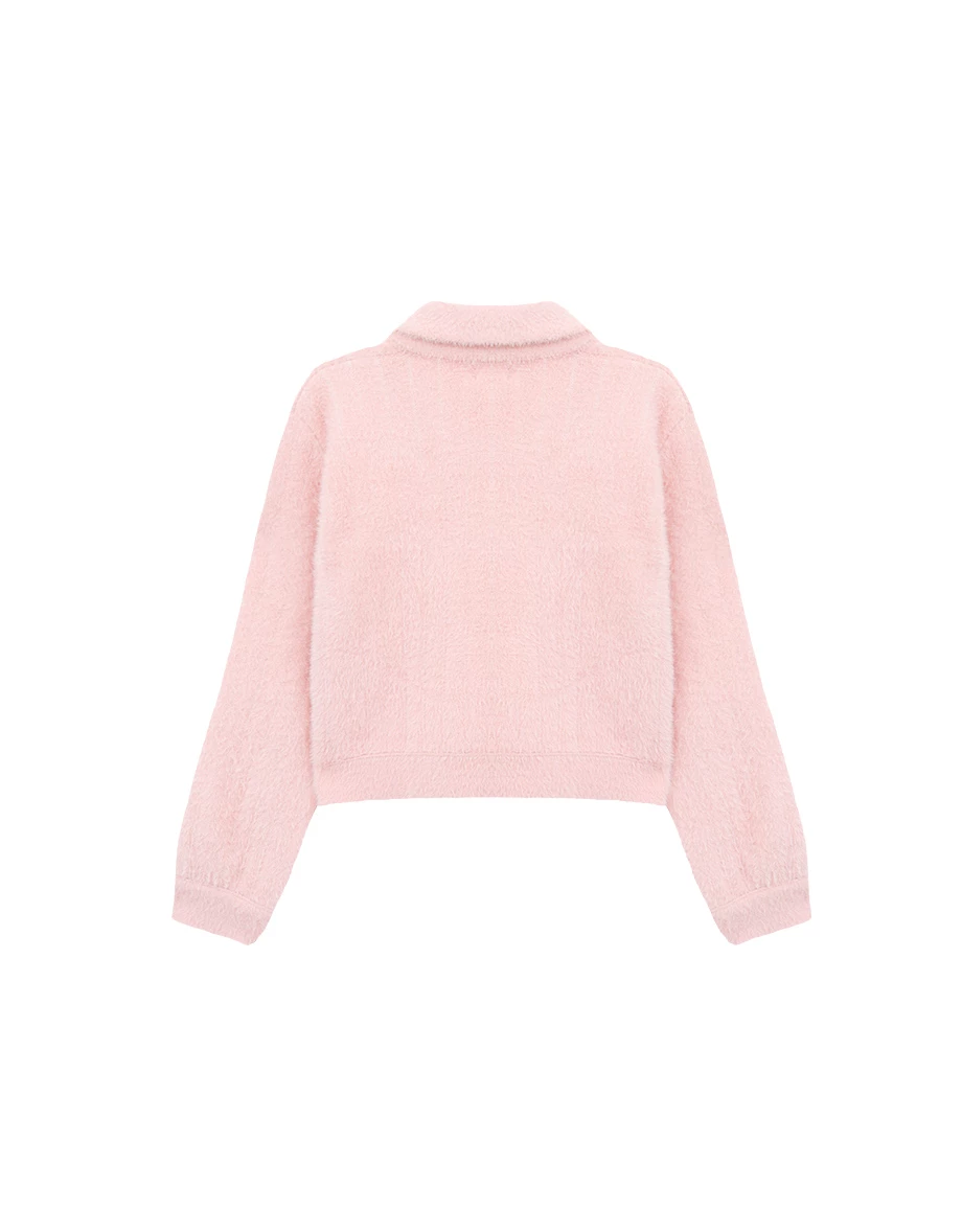 Soft Fuzzy Gold Button Cropped Knit Jacket with Pocket Detail