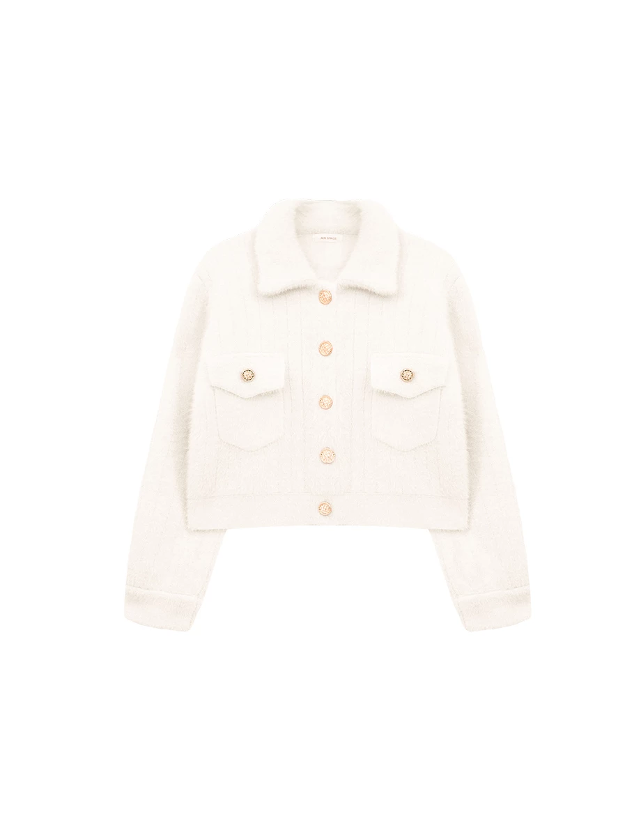 Soft Fuzzy Gold Button Cropped Knit Jacket with Pocket Detail