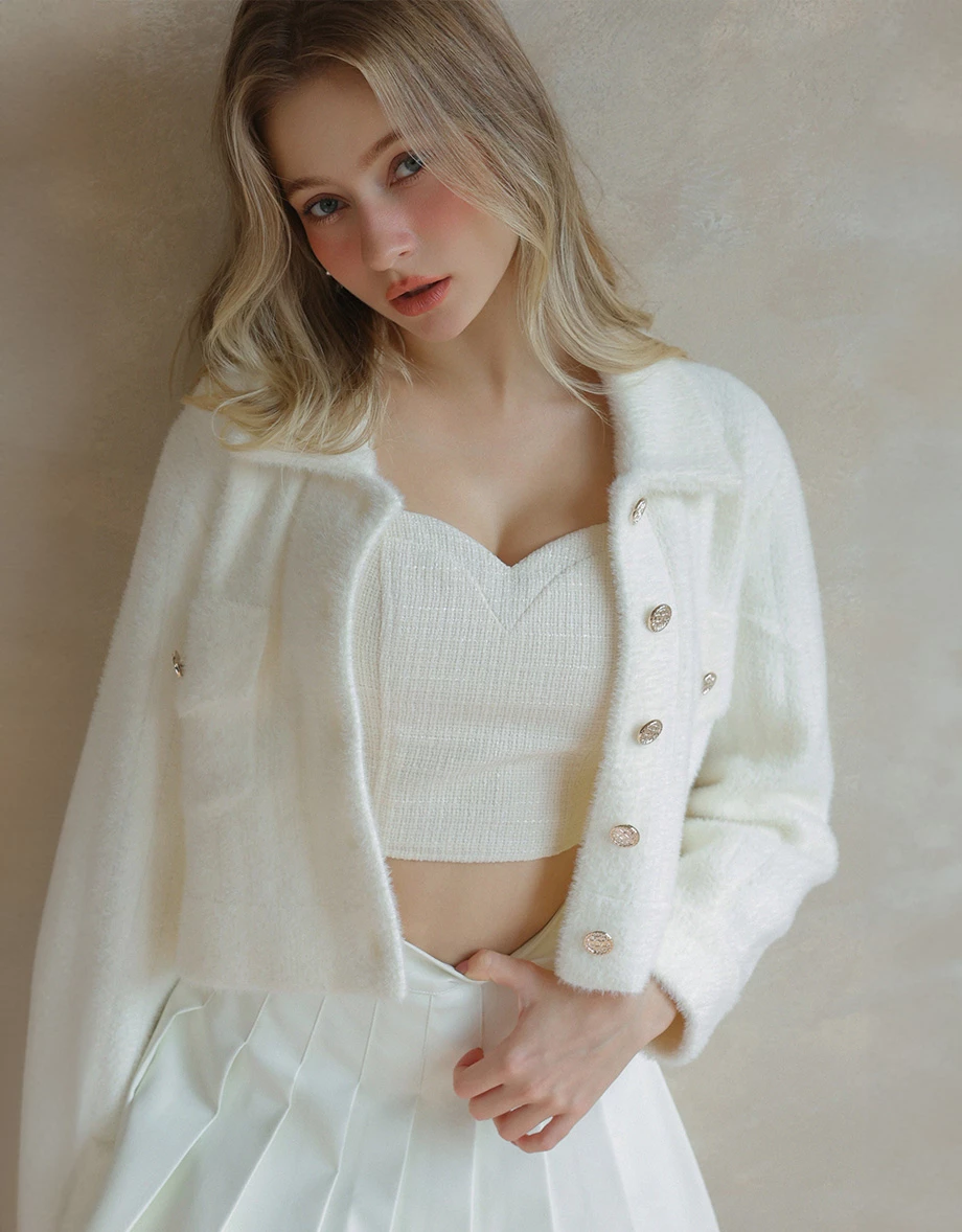 Soft Fuzzy Gold Button Cropped Knit Jacket with Pocket Detail