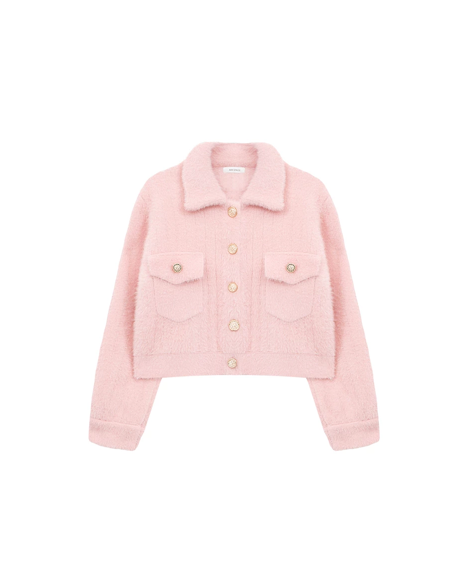 Soft Fuzzy Gold Button Cropped Knit Jacket with Pocket Detail