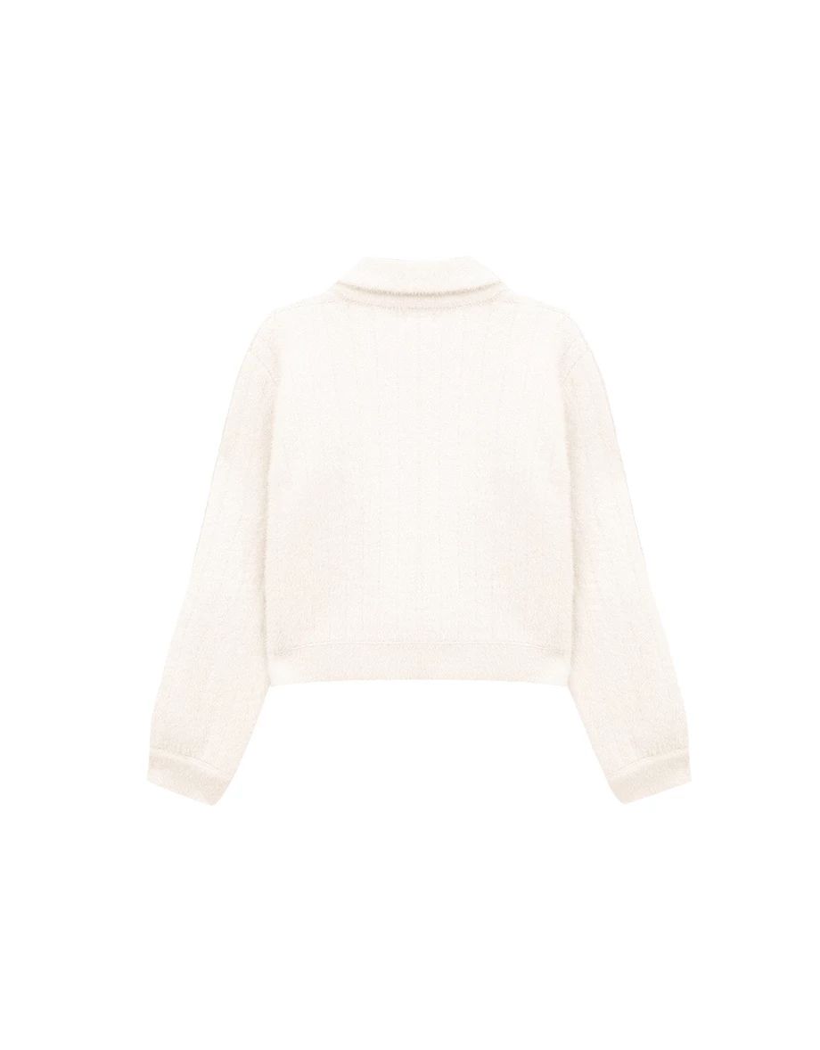 Soft Fuzzy Gold Button Cropped Knit Jacket with Pocket Detail