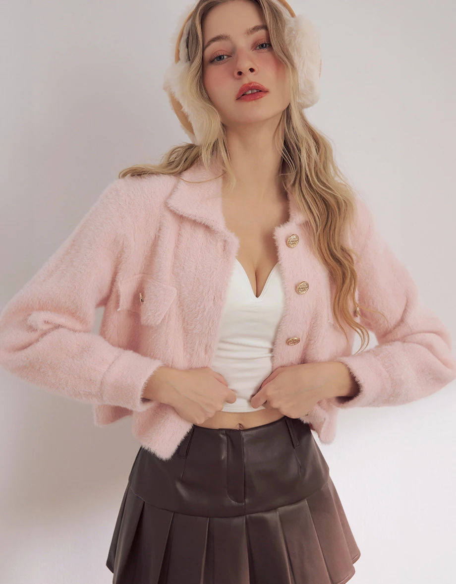 Soft Fuzzy Gold Button Cropped Knit Jacket with Pocket Detail