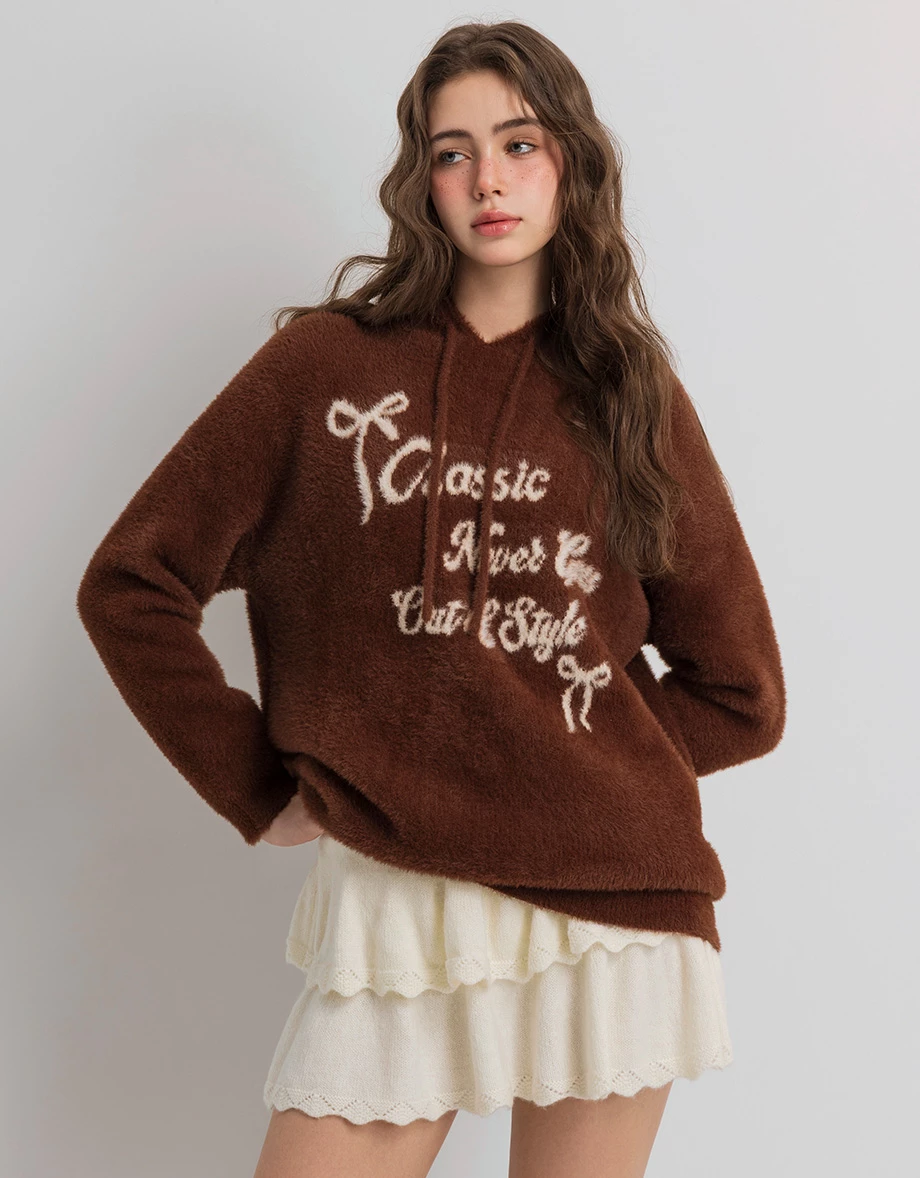Fluffy Knit Longline Hooded Cardigan with Subtle Letter Print