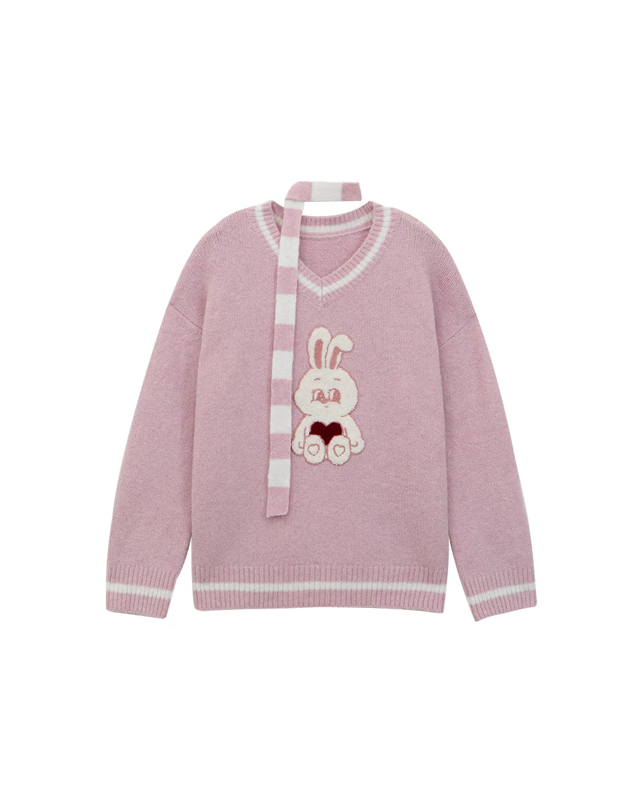 【Lyra & Toby】Lyra Bunny Print V Neck Knit Pullover Sweater (with Detachable Stripe Scarf Tie)