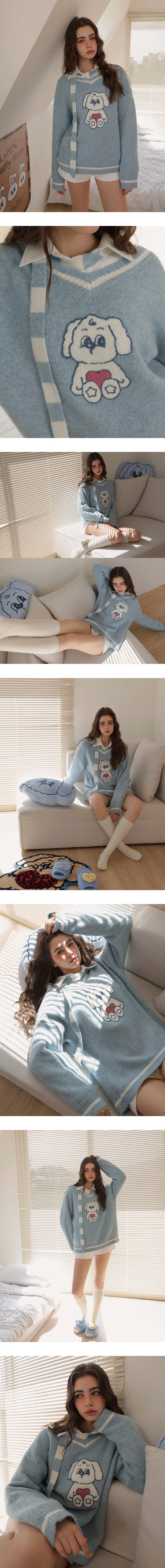 【Lyra & Toby】Lyra Bunny Print V Neck Knit Pullover Sweater (with Detachable Stripe Scarf Tie)