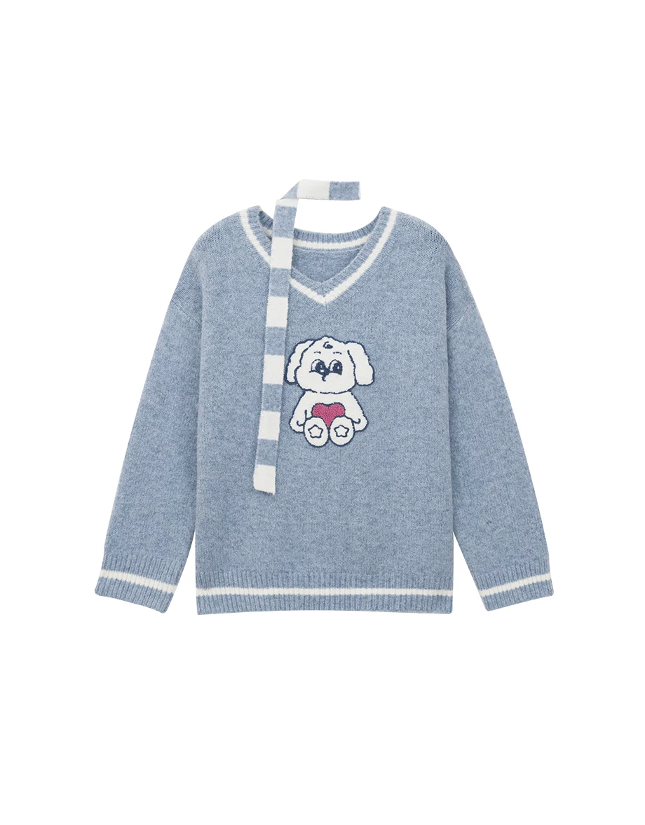 【Lyra & Toby】Lyra Bunny Print V Neck Knit Pullover Sweater (with Detachable Stripe Scarf Tie)