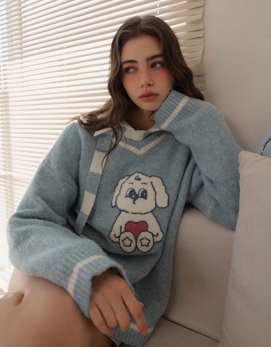 【Lyra & Toby】Lyra Bunny Print V Neck Knit Pullover Sweater (with Detachable Stripe Scarf Tie)