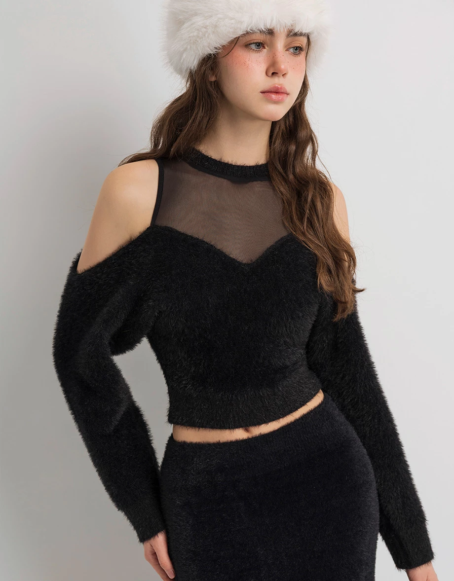 Fluffy Knit Off Shoulder Top with Sheer Mesh Neckline