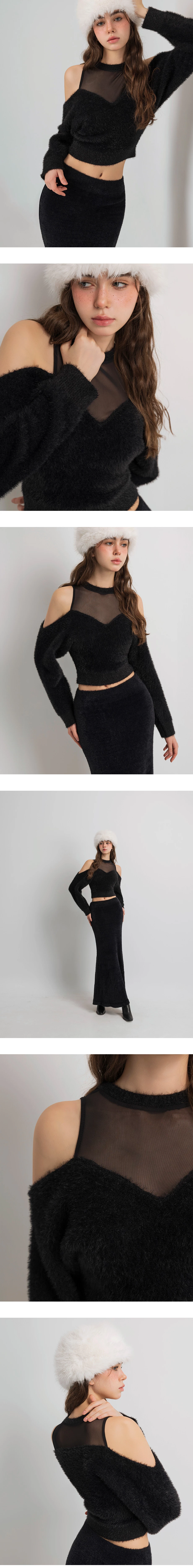 Fluffy Knit Off Shoulder Top with Sheer Mesh Neckline